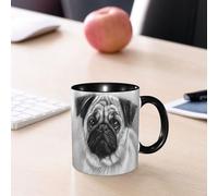 EMCLKS Mug en céramique, 330ml, tasse à thé, tasse cafe, tasse drole, cadeau drole, cadeau homme, mug cafe, Animal, un portrait esquissé d'un carlin noir et blanc, mettant en évidence ses traits