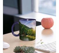 EMCLKS Mug en céramique, 330ml, tasse à thé, tasse cafe, tasse drole, cadeau drole, cadeau homme, mug cafe, rivière coulant entre des montagnes verdoyantes à travers la forêt au coucher du soleil