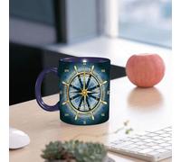 EMCLKS Mug en céramique, 330ml, tasse à thé, tasse cafe, tasse drole, cadeau drole, cadeau homme, mug cafe, Navigation Boussole d'or avec rose des vents et casque sur une surface maritime ondulée