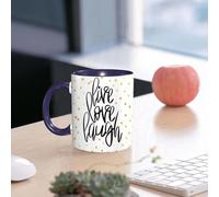 EMCLKS Mug en céramique, 330ml, tasse à thé, tasse cafe, tasse drole, cadeau drole, cadeau homme, mug cafe, Vivre, rire, aimer, inscription manuscrite stylisée sur fond pointillé, phrase inspiran
