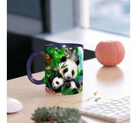 EMCLKS Mug en céramique, 330ml, tasse à thé, tasse cafe, tasse drole, cadeau drole, cadeau homme, mug cafe, Une maman panda et son bébé panda se câlinent et mangent du bambou le matin dans un zoo