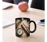 EMCLKS Mug en céramique, 330ml, tasse à thé, tasse cafe, tasse drole, cadeau drole, cadeau homme, mug cafe, Nature morte vintage avec longue-vue, sextant, boussole et carte ancienne