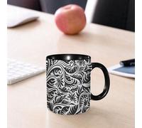 EMCLKS Mug en céramique, 330ml, tasse à thé, tasse cafe, tasse drole, cadeau drole, cadeau homme, mug cafe, Rouleau abstrait noir et gris à motif de feuilles de fougère et de grandes fleurs