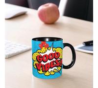 EMCLKS Mug en céramique, 330ml, tasse à thé, tasse cafe, tasse drole, cadeau drole, cadeau homme, mug cafe, Bonnes vibrations, sition pop art avec bulles de dialogue, lettres rétro, ballons en fo