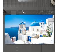 EMCLKS Tapis de Bain Antiderapant, Tapis Salle de Bain en Microfibre Douce, Tapis de Bain Absorbant, Lavable,Coucher de Soleil Bleu Grèce Vue panoramique Cyclades Maisons Blanches Santorin,60x90 cm