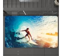 EMCLKS Tapis de Bain Antiderapant, Tapis Salle de Bain en Microfibre Douce, Tapis de Bain Absorbant, Lavable,Vague, Vague Bleue barrée avec Un Jeune Surfeur Sports extrêmes Activité Amusant,60x90 cm