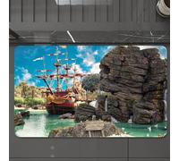 EMCLKS Tapis de Bain Antiderapant, Tapis Salle de Bain en Microfibre Douce, Tapis de Bain Absorbant, Lavable,Pirate, Grand Navire Ancien sur Le Rivage Tropical des Caraïbes, île Pirate, GRA,60x90 cm