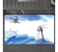 EMCLKS Tapis de Bain Antiderapant, Tapis Salle de Bain en Microfibre Douce, Tapis de Bain Absorbant, Lavable,Illustration à l'aquarelle d'un Phare dans Une mer Bleue orageuse avec des Vague,60x90 cm