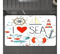 EMCLKS Tapis de Bain Antiderapant, Tapis Salle de Bain en Microfibre Douce, Tapis de Bain Absorbant, Lavable,Nautique, Citation « J'aime la mer » avec Figure de cœur, matériaux Marins, ancr,60x90 cm