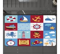 EMCLKS Tapis de Bain Antiderapant, Tapis Salle de Bain en Microfibre Douce, Tapis de Bain Absorbant, Lavable,Symboles Nautiques, icônes maritimes colorées Comprenant des navires, des Ancres,60x90 cm