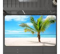 EMCLKS Tapis de Bain Antiderapant, Tapis Salle de Bain en Microfibre Douce, Tapis de Bain Absorbant, Lavable,Palmiers et mer Saphir, Palmier - Plage de Sable Blanc et eaux Bleu Ciel, Ombre,60x90 cm
