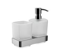 EMCO loft 53100100 Distributeur de Savon avec gobelet à Brosse à Dents (tête de Pompe chromée, récipient en Verre Cristal satiné, Hauteur 159 mm, Largeur 155 mm), Verre, Normal