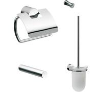 Emco Rondo Lot de 2 WC chromés avec porte-papier avec couvercle, porte-rouleau de secours, brosse et crochet Chromé