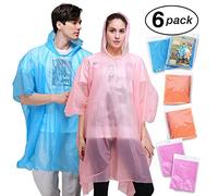 Emergency Rain Poncho Adult with Drawstring Hood - 6 Pack of Color Assorted Waterproof Thinker Ponchos - Lightweight Yet Strong, Reusable Or Disposable - for Concerts, Amusement Parks, Camping.