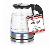Emerio Bouilloire en verre WK-119988, 1,7 litre, 2200 watts, éclairage intérieur LED, base à 360°, gagnant du test prix/performance pour la maison et le jardin 02/2019, 1,7 litre, noir, argent