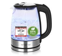 Emerio Bouilloire en verre WK-119988, 1,7 litre, 2200 watts, éclairage intérieur LED, base à 360°, gagnant du test prix/performance pour la maison et le jardin 02/2019, 1,7 litre, noir, argent