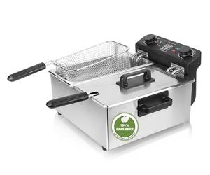 EMERIO DF-120485 Lot de 2 friteuses à huile de 3,0 l avec technologie zones froides, double chambre, thermostat, plus de goût amer, 3300 W, réservoir en acier inoxydable, sans PFA, nettoyage facile