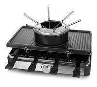 Emerio Plaisir de fête pour jusqu'à 8 personnes avec cette combinaison 3 en 1 de raclette et de fondue à fromage pour un plaisir de barbecue varié, avec 8 poêlons, 8 spatules et 6 fourchettes à fondue