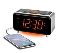 Emerson CKS1521 SmartSet - Radio réveil double Bluetooth avec écran LED orange de 1,4 pouces, chargeur USB, radio FM, entrée AUX, atténuation automatique et lumière d'accent orange
