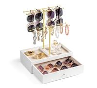 Emfogoo Porte Lunettes de Soleil, 2 Niveaux Rangement Lunettes peut Contenir 16 paires de lunettes, Support Lunette avec Bois Tiroirs pour Table de Chevet Bureau Commode Chambre à Coucher (Blanc+Or)