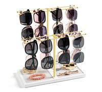Emfogoo Porte Lunettes de Soleil, 2 Niveaux Rangement Lunettes peut Contenir 16 paires de lunettes, Support Lunette avec Base en Bois pour Table de Chevet Bureau Commode Chambre à Coucher (Blanc+Or)
