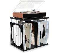 Emfogoo Porte Vinyle Bois Cadre Vinyle avec 3 Compartiments Style Vintage Multifonctionnel Meuble Porte Disque Vinyle pour Exposer jusqu'à 80-100 Album et Magazines pour Salon, Bureau et Studio (Noir)