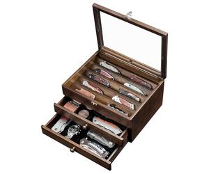 Emfogoo Présentoir à couteaux, 3 couches en bois avec couvercle en verre et tiroirs, pour collection de cadeaux (noyer)