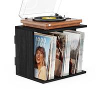Emfogoo Rangement pour Disques Vinyle Mural - Support pour 100 Albums LP, Support Vinyle Mural en Bois avec 3 Compartiments Stockage, pour Salon Bureau Déco (Vintage Noir)