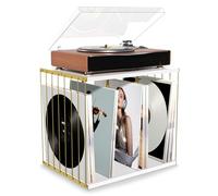 Emfogoo Rangement pour vinyles, Support mural en métal et bois pour disques vinyles et support vinyle jusqu'à 80 albums, Support pour disques vinyles à 3 compartiments pour magazines, livres, dossiers
