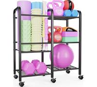 Emfogoo Support de Yoga, 3 Niveaux Rack Musculation avec Roues, Organisateur de Sport Maison, Poids Musculation pour Tapis de Yoga, Haltères, Kettlebells, Blocs de Yoga, Rouleaux en Mousse (Noir)