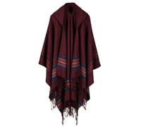 EMGILL Poncho cape pour femme à capuche châle chaîne ouvert sur le devant cardigan cape vintage à carreaux tricoté à pompons couverture châle, Rouge bordeaux/blanc, Medium