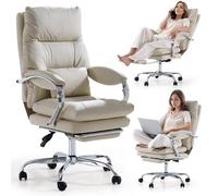 EMIAH Chaise de bureau avec repose-pieds, fauteuil de bureau confortable avec accoudoirs, ergonomique fauteuil de direction cuir PU inclinable avec roulettes, Chaise d'ordinateur coussin épaissi,Beige