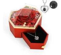 Emibele Collier avec Rose Préservée, Chaîne de Cou avec Pendentif de Cœur de Je t'aime en 100 Langues, Bijoux de Cou Exquis pour Femmes Filles Mères Anniversaire Fête de Saint-Valentin, Rouge