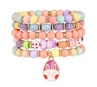 Emibele Easter Bracelets, 5 Pcs Beaded Bracelets for Women, Clay Bead Bracelet with Egg Charm Boho Heishi Surfer Bracelets Set, Colorful Stackable Beaded Stretch Bracelet Jewelry Gifts for Women