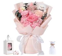 Emibele Fleurs Pour Livraison Prime Bouquets Fleurs Préservées Avec Ours | 4 Roses Roses Éternelles, Cadeaux pour Saint-Valentin, Fête Mères, Anniversaire, Diplôme - Pour Elle, Copine, Femme, Maman