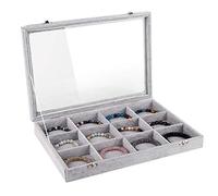 Emibele Organisateur de Bijoux, 12 Grilles Boîte de Rangement avec Couvercle en Velours, Coffret Porte-Bijoux Bijoux Stockage pour Montre Anneaux Boucles d'Oreilles Bracelet - Gris