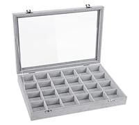 Emibele Plateaux à Bijoux Tiroir, Organisateur de Bijoux avec 24 Grilles et Couvercle en Velours, Rangement de Bijoux Empilable Amovible de Grande Capacité pour Montre Boucle d'Oreille Bracelet, Gris