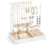 Emibele Porte Bijoux, Support pour Organiser les Bijoux, Support pour Colliers, Boucles d'oreilles et Bracelets, Tour de Présentation des Bijoux à 5 Niveaux avec Plateau, Cadeau Esthétique, Blanc