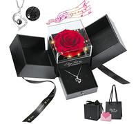 Emibele Rose Eternelle avec Bijoux en Argent, Boite Rose avec Lumières LED avec Pendentif de Je t'aime en Forme de Cœur, Idee Cadeau Anniversaire Saint Valentin Fete des Meres Noël pour Femme Maman