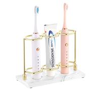 Emibele Support de Brosse à Dents Électrique en Résine, Porte-Brosse à Dents Électrique à 2 Couches avec 3 Fentes, Organisateur de Brosse à Dents Dentifrice pour Salle de Bain, Or + Marbre Blanc
