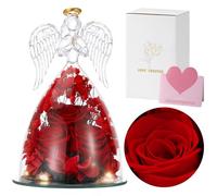Emibele Véritable Rose Préservée, Fleur de Rose Éternelle avec Figurines d'ange en Verre & Lumières LED, Rose Conservée Cadeau pour Femmes Filles Mères Anniversaire Saint-Valentin Fête, Rouge
