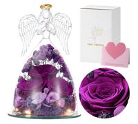 Emibele Véritable Rose Préservée, Fleur de Rose Éternelle avec Figurines d'ange en Verre & Lumières LED, Rose Conservée Cadeau pour Femmes Filles Mères Anniversaire Saint-Valentin Fête, Violet