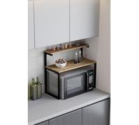 EMIDECO Étagère Micro-Ondes 2 Niveaux métal Noir Bois Clair - Support Rangement Cuisine Compact - Organisateur Plan de Travail - Meuble Gain de Place Moderne - Support Four Micro-Ondes