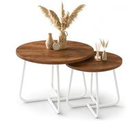 EMIDECO Table Basse Gigogne Ronde Lot de 2 - Plateau Bois Foncé, Structure Métal Blanc, Tables Emboîtables Gain de Place Design Moderne Salon