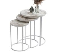 EMIDECO Table Basse Gigogne Ronde Lot de 3 - Plateau Effet Marbre Blanc - Pieds Métal Blanc - Tables Salon Empilables Gain de Place Design Moderne