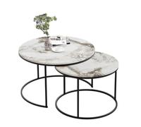 EMIDECO Table Basse gigogne Ronde Paris 2 pièces - Effet marbre Blanc - Pieds métal Noir - Design Moderne emboîtable élégant