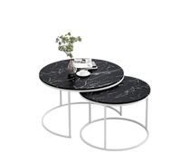 EMIDECO Table Basse gigogne Ronde Paris 2 pièces - Effet marbre Noir - Pieds métal Blanc - Tables emboîtables Design Chic et Moderne