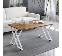 EMIDECO Table Basse Milano Bois Clair 100x60 cm - Pieds Croisés Métal Blanc avec roulettes ou Patins - Plateau Rectangulaire Design Moderne
