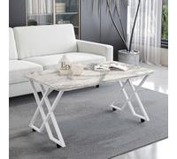 EMIDECO Table Basse Milano Effet Marbre Blanc 100x60 cm - Pieds Croisés Métal Blanc avec roulettes ou Patins - Plateau Rectangulaire Design Moderne