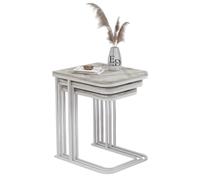 EMIDECO Table Gigogne Lyon Lot de 3 Tables Empilables - Plateau Effet Marbre Blanc et Pieds Métal Blanc - Design Moderne et Compact